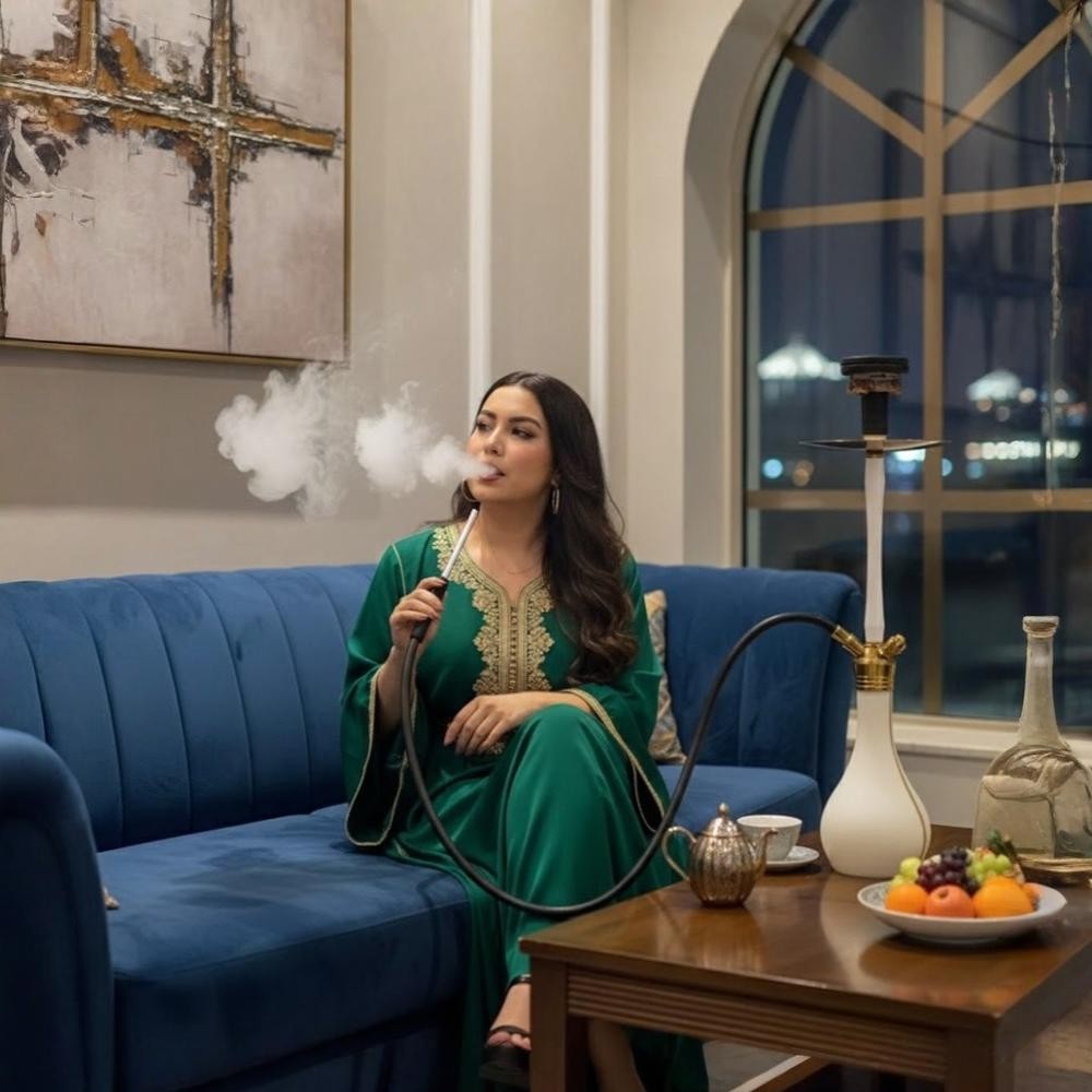 lady in green dress enjoying shisha
